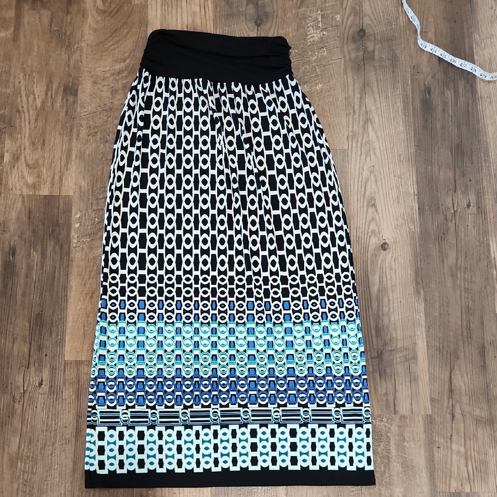 Apt. 9 Black Maxi Skirt with Blue and Aqua Geometric Border